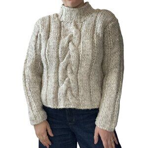Hand Knit Womens Chunky Wool White Cable Knit Oversized Fisherman Sweater Sz M